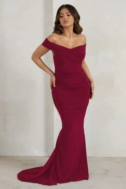 Apolline | Berry Off The Shoulder Ruched Fishtail Maxi Dress -Dress Shop 4 1cbc1788 14a7 49ed 84f6 0c32b2e55212