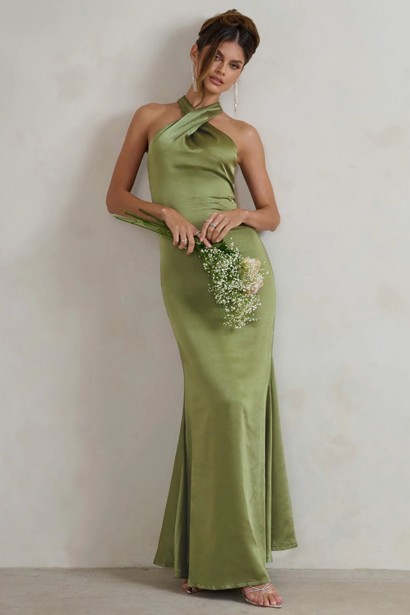 Unstoppable | Olive Green Satin Cross Over Halter Neck Maxi Dress 3 Unstoppable | Olive Green Satin Cross Over Halter Neck Maxi Dress