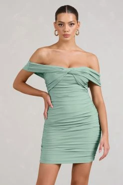 Appreciate | Sage Off The Shoulder Ruched Mini Dress -Dress Shop CC BR WB CL129515068 Appreciate SageOffTheShoulderRuchedMiniDress3