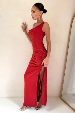 Belonging | Red Ruched Cowl Maxi Dress -Dress Shop CC CL126539 RED Ruched Cowl Neck Maxi Dress 8