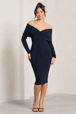 Flatter Me | Navy Twist Front Bardot Midi Dress -Dress Shop CC HR CL126408015 FlatterMe NavyTwistFrontBardotMidiDress0