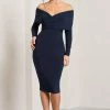 Flatter Me | Navy Twist Front Bardot Midi Dress 2 Flatter Me | Navy Twist Front Bardot Midi Dress -Dress Shop CC HR CL126408015 FlatterMe NavyTwistFrontBardotMidiDress1