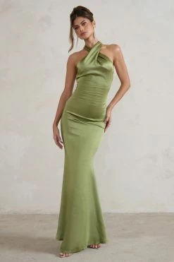 Unstoppable | Olive Green Satin Cross Over Halter Neck Maxi Dress 12 Unstoppable | Olive Green Satin Cross Over Halter Neck Maxi Dress -Dress Shop CC HR CL126739 UnstoppableOliveGreenSatinCrossOverHalterNeckMaxiDress1