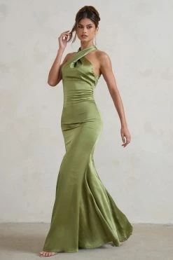 Unstoppable | Olive Green Satin Cross Over Halter Neck Maxi Dress 13 Unstoppable | Olive Green Satin Cross Over Halter Neck Maxi Dress -Dress Shop CC HR CL126739 UnstoppableOliveGreenSatinCrossOverHalterNeckMaxiDress3