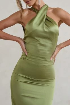 Unstoppable | Olive Green Satin Cross Over Halter Neck Maxi Dress 11 Unstoppable | Olive Green Satin Cross Over Halter Neck Maxi Dress -Dress Shop CC HR CL126739 UnstoppableOliveGreenSatinCrossOverHalterNeckMaxiDress4