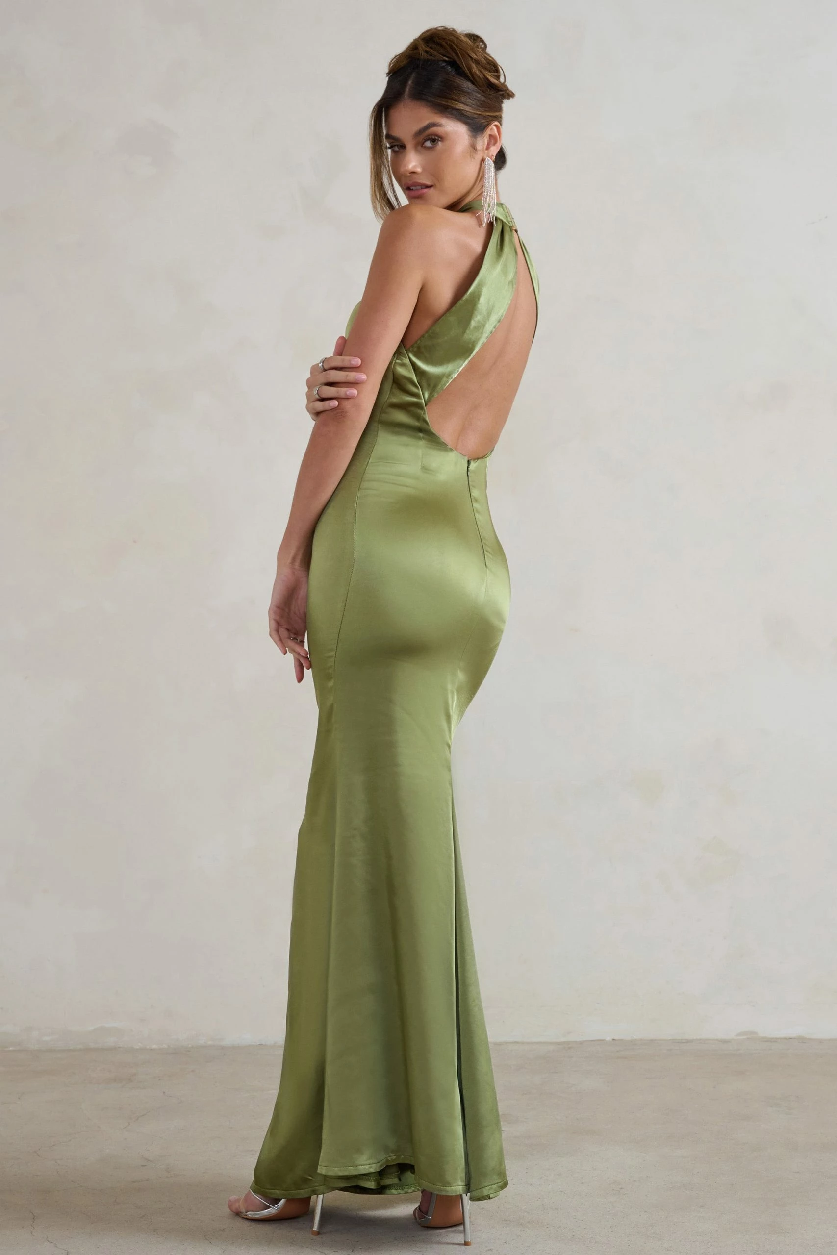 Unstoppable | Olive Green Satin Cross Over Halter Neck Maxi Dress 4 Unstoppable | Olive Green Satin Cross Over Halter Neck Maxi Dress - Image 2