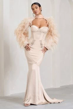 Custom | Champagne Satin Sweetheart Corset Fishtail Maxi Dress -Dress Shop CC HR CL128720059 WildChampagneSatinJacketWithLongFeatherSleeves HR CL128719059 CustomChampagneSatinSweetheartCorsetFishtailMaxiDress0