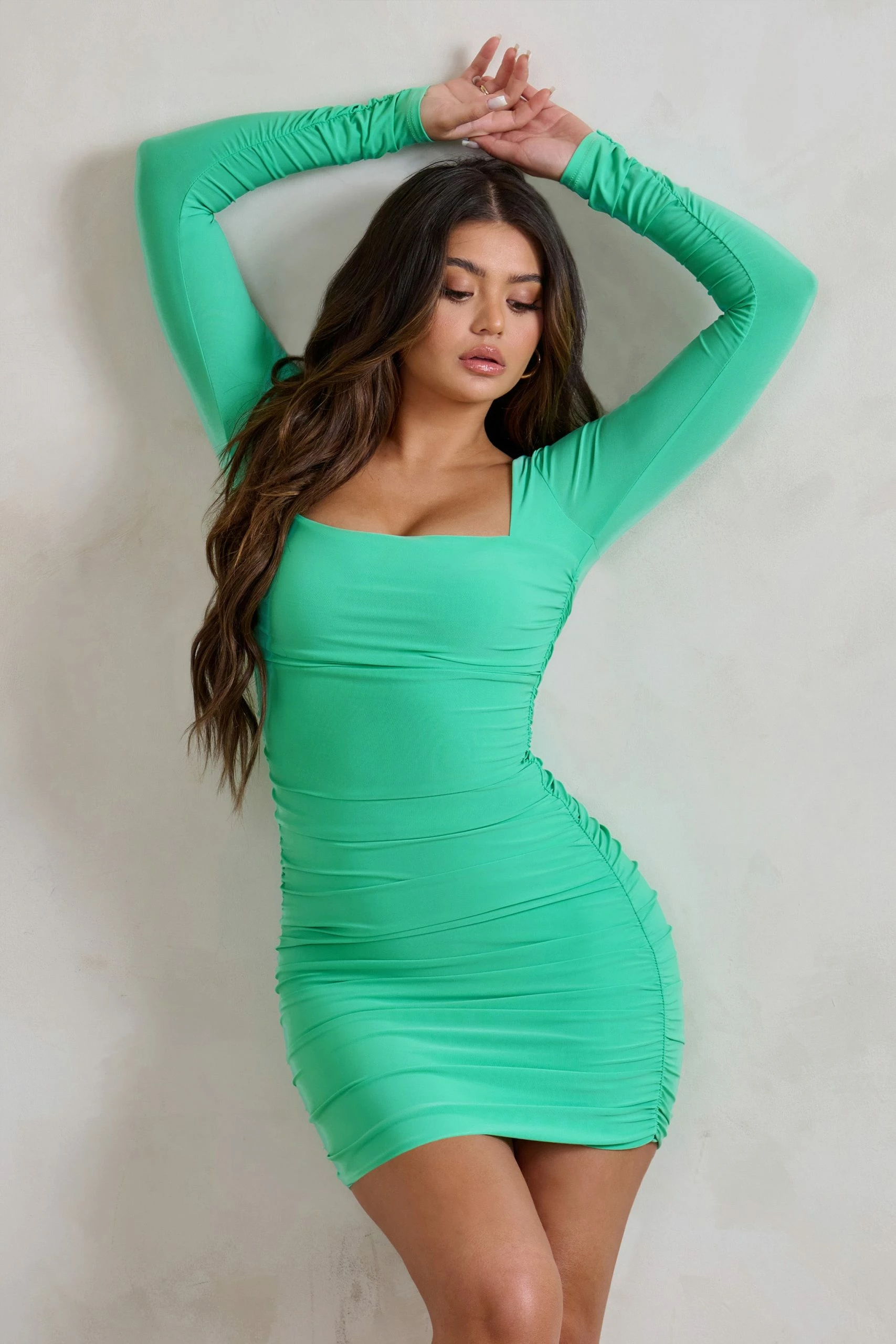 Muse | Spring Bud Long Sleeve Square Neck Ruched Mini Dress 3 Muse | Spring Bud Long Sleeve Square Neck Ruched Mini Dress