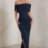 Eva | Navy Bardot Bow Detail Maxi Dress With Thigh Split -Dress Shop CC WB CL127770 EvaNavyBardotBowDetailMaxiDressWithThighSplit0