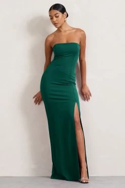 Belle Of The Ball | Bottle Green Bandeau Maxi Dress With Split Hem