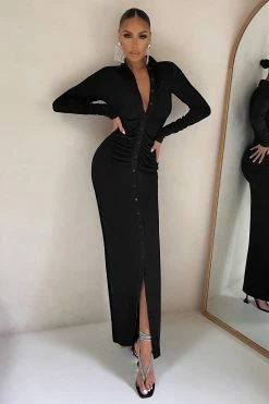 Restless Heart | Black Bodycon Ruched Long Sleeve Maxi Dress -Dress Shop CL126537 Bodycon Long Sleeve button Maxi Dress 8