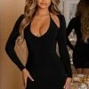 Overload | Petite Black Plunge Neck Long Sleeve Mini Dress -Dress Shop CL126623 black plunge neck long sleeve mini dress 2
