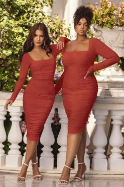 Seductress | Rust Long Sleeve Square Neck Ruched Midi Dress 12 Seductress | Rust Long Sleeve Square Neck Ruched Midi Dress -Dress Shop CL127075 SeductressRustLongSleeveSquareNeckRuchedMidiDress