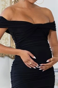 Perfection | Black Maternity Bardot Knot Ruched Midi Dress -Dress Shop CL127157Black1MaternityBardotKnotRuchedMidaxiDress4