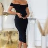 Perfection | Black Maternity Bardot Knot Ruched Midi Dress