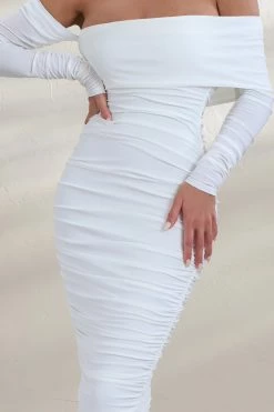 Riga | White Bardot Ruched Midi Dress With Long Sleeves -Dress Shop CL127320 RigaWhiteBardotDetailRuchedMidiDressdetail
