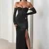 My Prize | Black Satin Bardot Mesh Long Sleeve Maxi Dress With Thigh Split -Dress Shop CL127452 MyPrizeBlackSatinBardotMeshLongSleevesMaxiDressWithThighSplit2