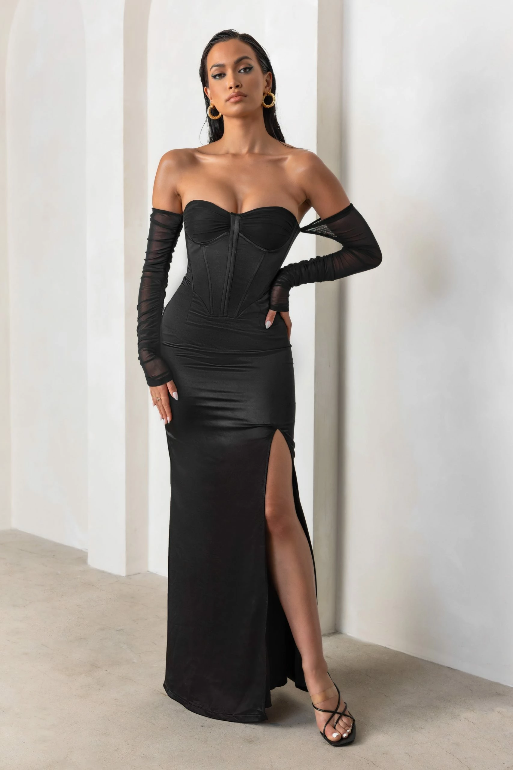 My Prize | Black Satin Bardot Mesh Long Sleeve Maxi Dress With Thigh Split 3 My Prize | Black Satin Bardot Mesh Long Sleeve Maxi Dress With Thigh Split