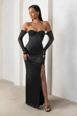 My Prize | Black Satin Bardot Mesh Long Sleeve Maxi Dress With Thigh Split 9 My Prize | Black Satin Bardot Mesh Long Sleeve Maxi Dress With Thigh Split -Dress Shop CL127452 MyPrizeBlackSatinBardotMeshLongSleevesMaxiDressWithThighSplit3