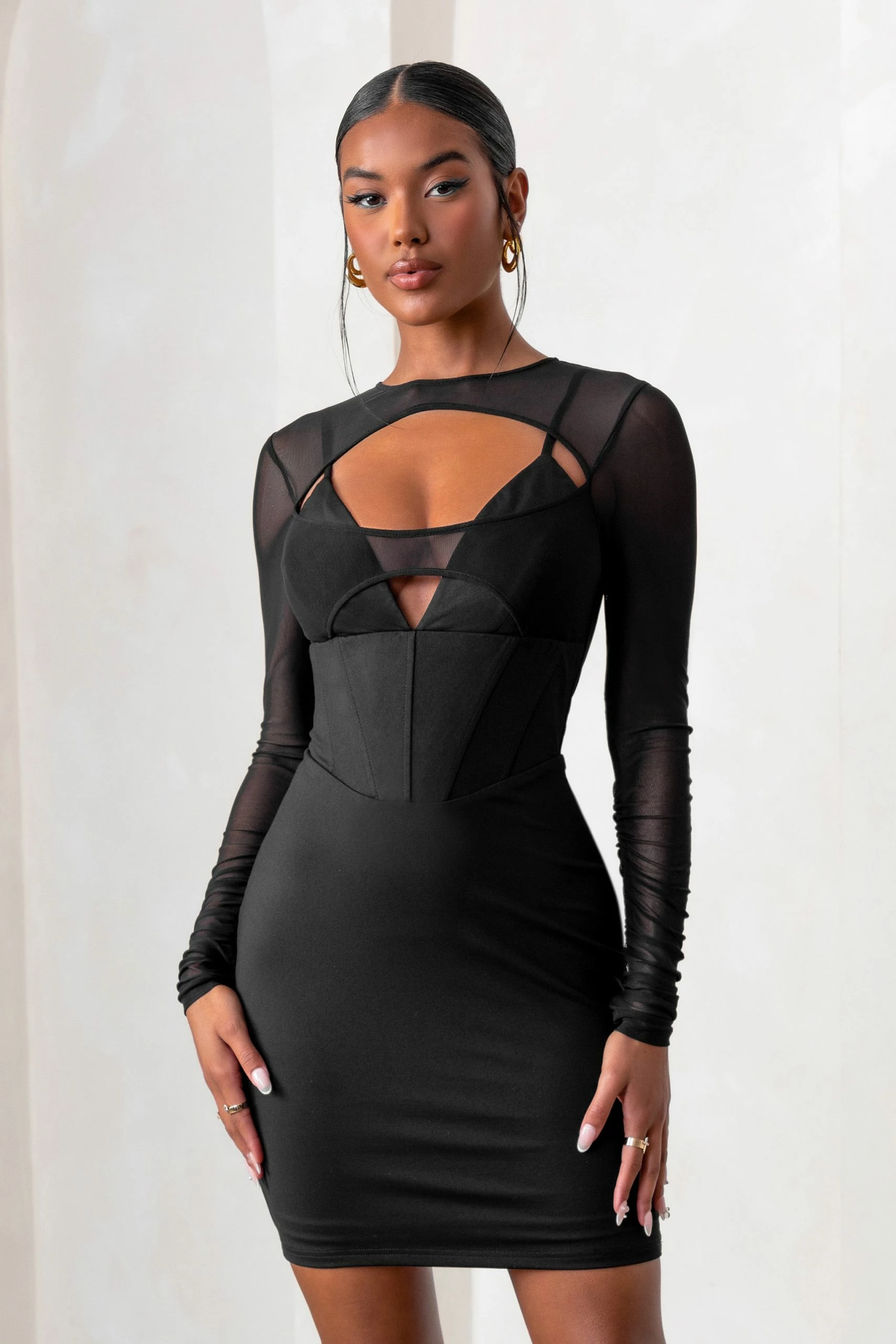 This Moment | Black High Neck Cut Out Mini Dress With Mesh Sleeves 3 This Moment | Black High Neck Cut Out Mini Dress With Mesh Sleeves