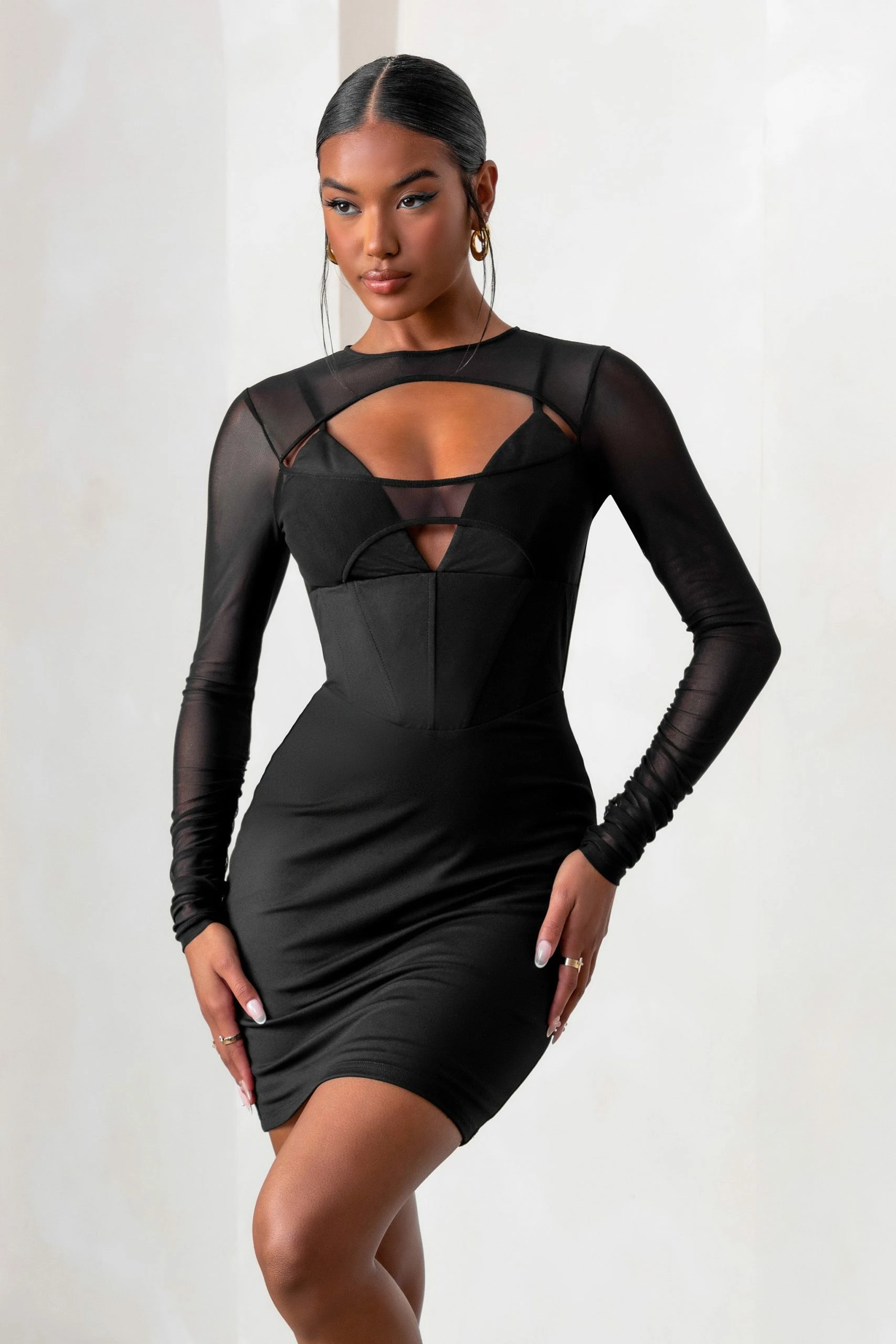 This Moment | Black High Neck Cut Out Mini Dress With Mesh Sleeves 6 This Moment | Black High Neck Cut Out Mini Dress With Mesh Sleeves - Image 4