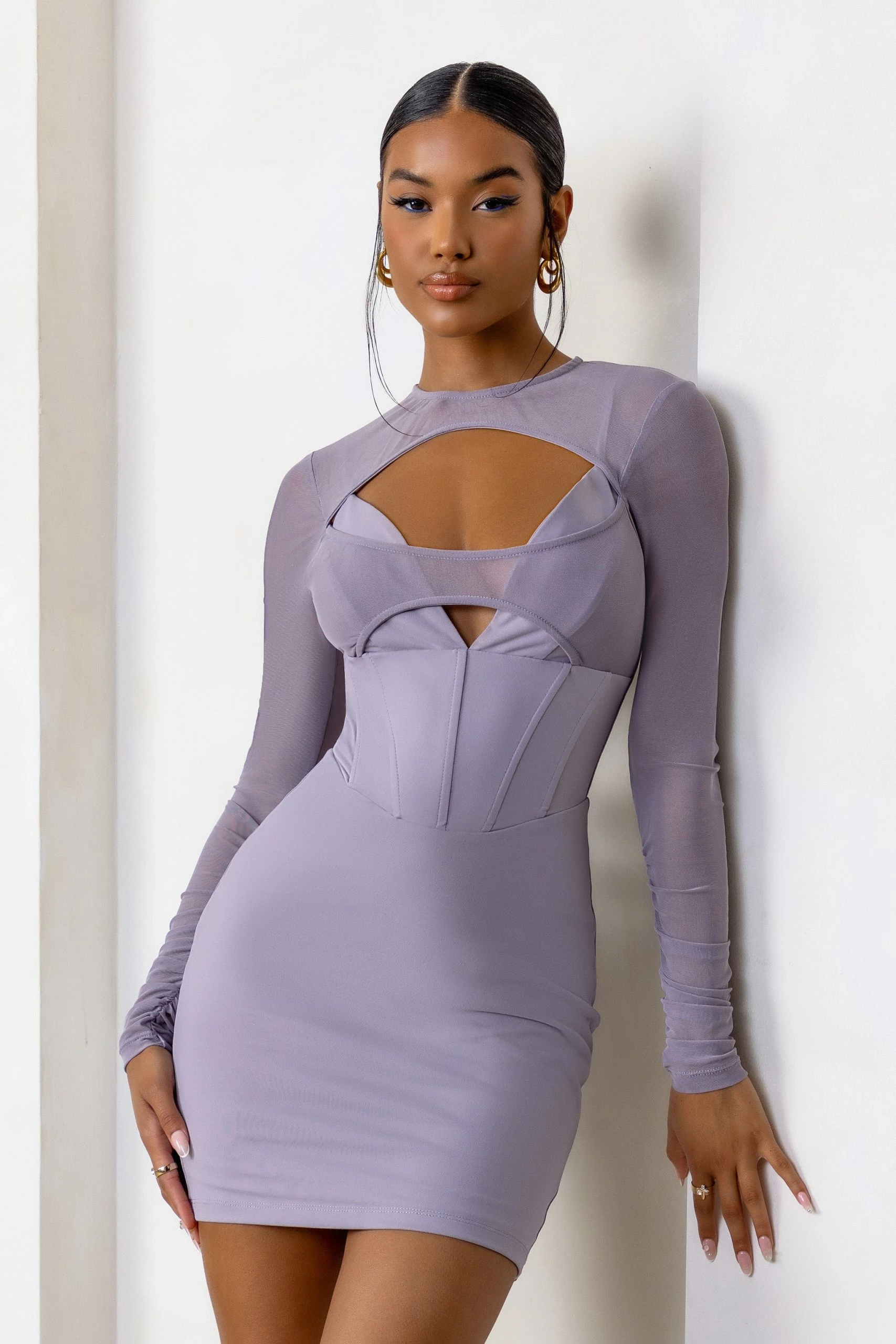 This Moment | Taupe High Neck Cut Out Mini Dress With Mesh Sleeves 6 This Moment | Taupe High Neck Cut Out Mini Dress With Mesh Sleeves - Image 4