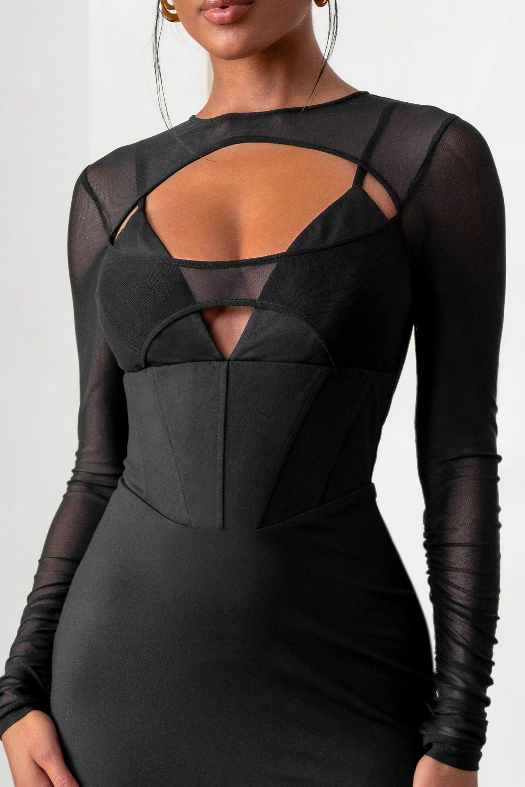 This Moment | Black High Neck Cut Out Mini Dress With Mesh Sleeves 5 This Moment | Black High Neck Cut Out Mini Dress With Mesh Sleeves - Image 3