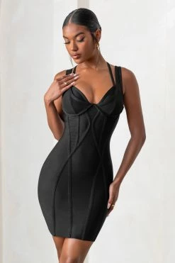 Jetsetter | Black Bandage Wired Mini Dress With Shaping Seam Detail -Dress Shop CL127501 JetsetterBlackSweetheartNecklineDoubleStrapMiniDress11