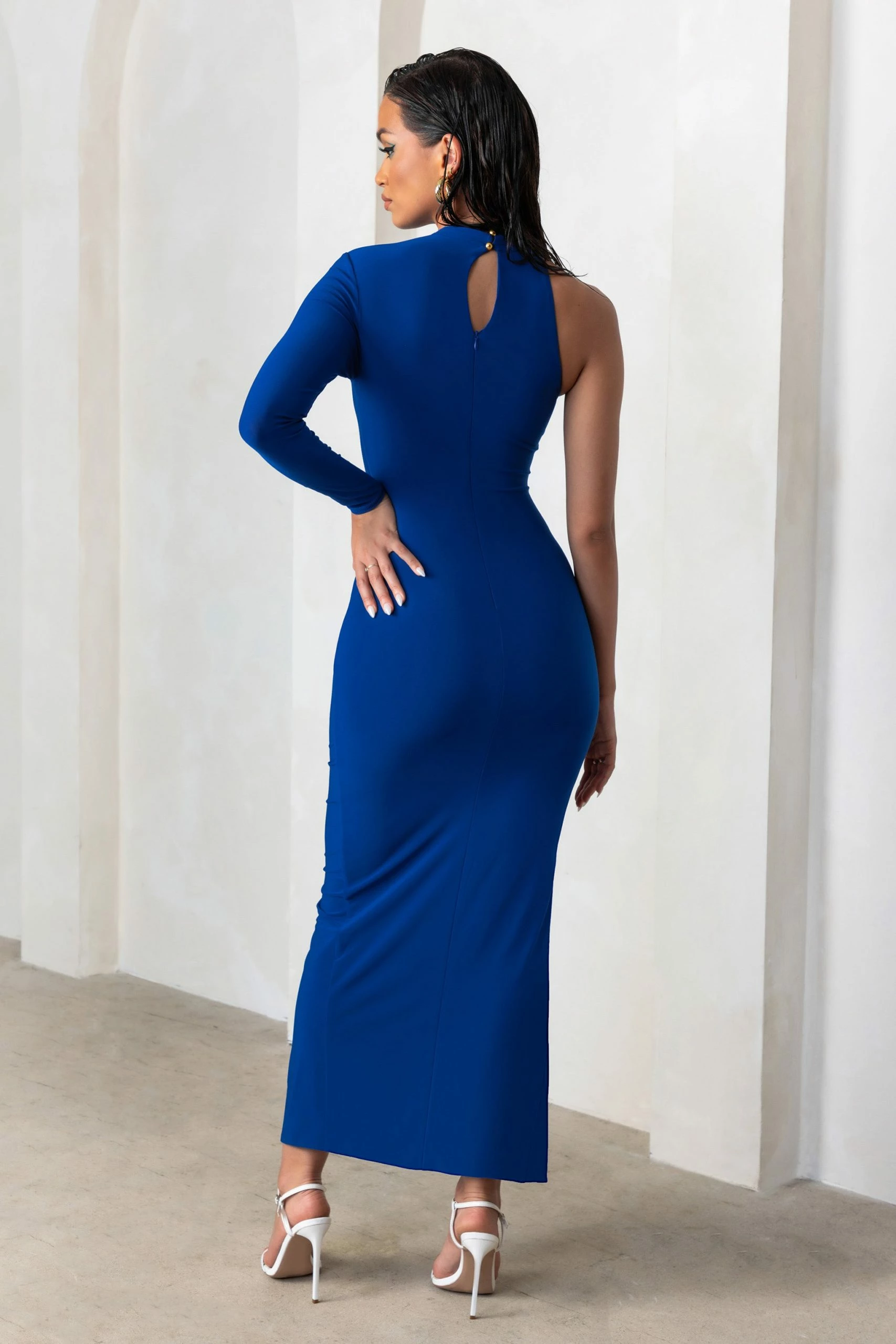 Follow Me | Royal Blue High Neck One Sleeve Maxi Dress With Side Ruching 4 Follow Me | Royal Blue High Neck One Sleeve Maxi Dress With Side Ruching - Image 2
