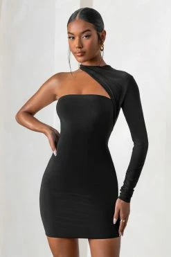 Perfect Touch | Black One Shoulder Long Sleeve Mini Dress -Dress Shop CL127623 PerfectTouchBlackLongSleeveCutOutMiniDress0