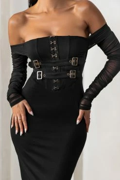 Precious Treasure | Black Bardot Corset Buckle Detail Midi Dress With Mesh Sleeves -Dress Shop CL127654 PreciousTreasureBlackBardotCorsetBuckleDetailMidiDressWithMeshSleeves10