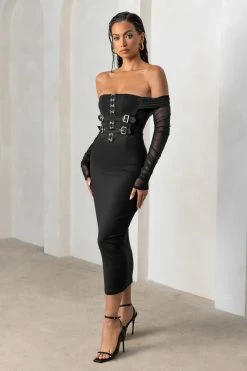 Precious Treasure | Black Bardot Corset Buckle Detail Midi Dress With Mesh Sleeves -Dress Shop CL127654 PreciousTreasureBlackBardotCorsetBuckleDetailMidiDressWithMeshSleeves8