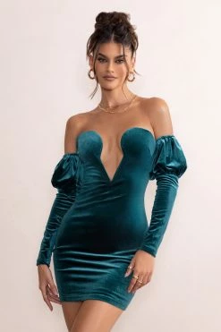 Ivy | Green Velvet Cut Out Mini Dress With Ruffle Sleeves -Dress Shop CL127763 IvyGreenVelvetCutOutMiniDressWithRuffleSleeves1