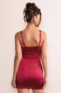Scarlett | Berry Satin Corset Bodice Mini Dress -Dress Shop CL127800 ScarlettBerrySatinSquareNeckCorsetBodiceMiniDress4