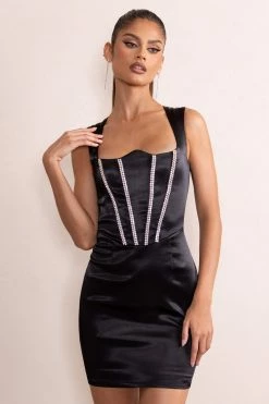 Elyse | Black Satin Reverse Sweetheart Neckline Corset Mini Dress With Diamante Detail -Dress Shop CL128017 ElyseBlackSatinReverseSweetheartNecklineCorsetMiniDressWithDiamanteDetail0