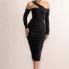 Elodie | Black Asymmetric Bardot Gathered Ruched Midi Dress With Long Sleeves -Dress Shop CL128043 ElodieBlackAsymmetricBardotGatheredRuchedMidiDressWithLongSleeves1
