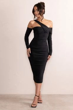 Elodie | Black Asymmetric Bardot Gathered Ruched Midi Dress With Long Sleeves