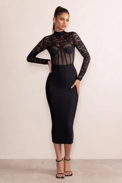 Devora | Black Lace Mesh High Neck Corset Detail Midi Dress With Long Sleeves 11 Devora | Black Lace Mesh High Neck Corset Detail Midi Dress With Long Sleeves -Dress Shop CL128052 DevoraBlackLaceAndMeshHighNeckCorsetDetailMidiDressWithLongSleeves1
