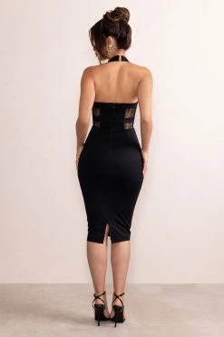 Imani | Black Lace Panel Halter Neck Bodycon Midi Dress With Cross Front Detail 7 Imani | Black Lace Panel Halter Neck Bodycon Midi Dress With Cross Front Detail -Dress Shop CL128056 ImaniBlackLacePanelHalterNeckBodyconMidiDressWithCrossFrontDetail5