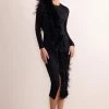 Claire | Black High Neck Split Front Long Sleeve Midi Dress With Feather Detail -Dress Shop CL128068 ClaireBlackCrewNeckSplitFrontLongSleeveMidiDressWithFeatherDetail0