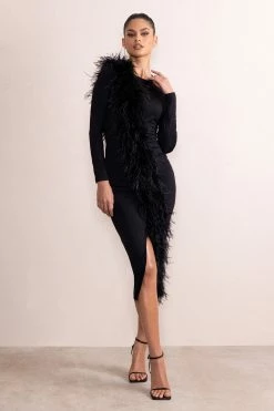 Claire | Black High Neck Split Front Long Sleeve Midi Dress With Feather Detail -Dress Shop CL128068 ClaireBlackCrewNeckSplitFrontLongSleeveMidiDressWithFeatherDetail1