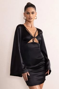 Aubrey | Black Plunge Neck Kimono Sleeve Mini Dress