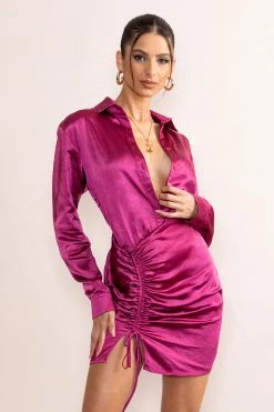 Francine | Orchid Satin Ruched Long Sleeve Shirt Mini Dress 10 Francine | Orchid Satin Ruched Long Sleeve Shirt Mini Dress -Dress Shop CL128078 FrancineOrchidSatinRuchedLongSleeveShirtMiniDress4
