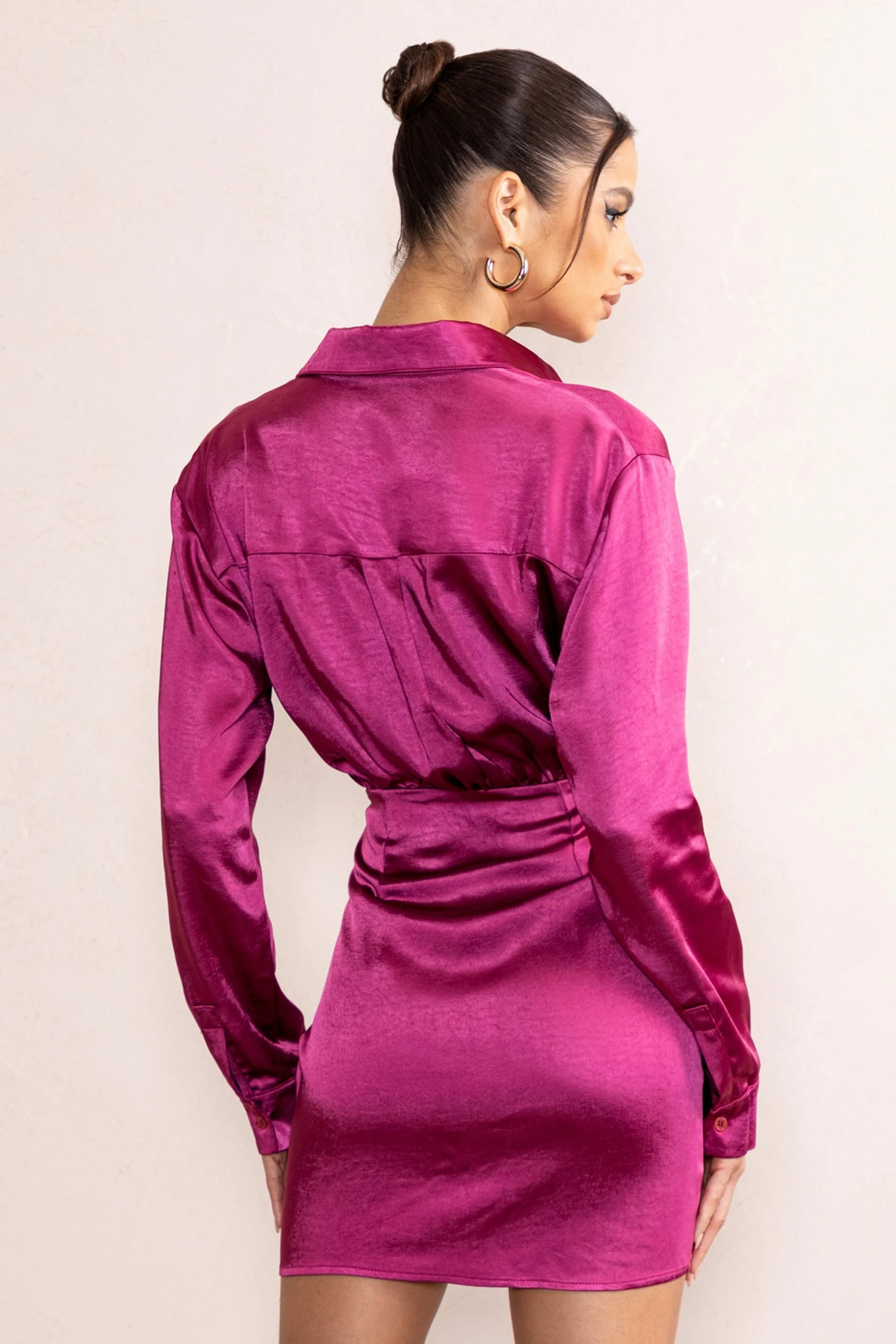 Francine | Orchid Satin Ruched Long Sleeve Shirt Mini Dress 3 Francine | Orchid Satin Ruched Long Sleeve Shirt Mini Dress - Image 2