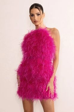 Gina | Pink High Neck Feather Mini Dress With Cross Back -Dress Shop CL128080 GinaOrchidHighNeckFeatherMiniDressWithCrossBack2