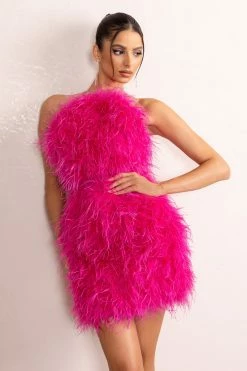Gina | Pink High Neck Feather Mini Dress With Cross Back -Dress Shop CL128080 GinaOrchidHighNeckFeatherMiniDressWithCrossBack3