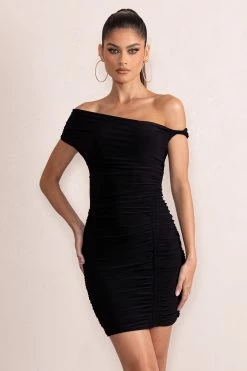 Coco | Black Asymmetric Bardot Mini Dress With Ruching Detail -Dress Shop CL128180 CocoBlackAsymmetricBardotMiniDressWithRuchingDetail3