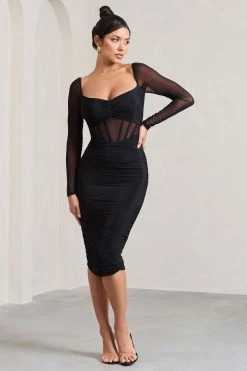 Dress Shop 14 Abiba | Black Ruched Front Corset Midi Dress With Long Sleeves