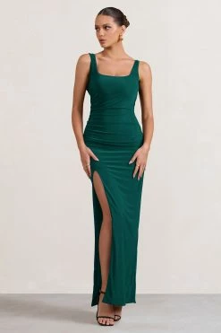 Kate | Bottle Green Square Neck Maxi Dress With Plunge Back And Side Thigh Split -Dress Shop WB AMEND CC BR CL127639 KateBottleGreenSquareNeckMaxiDresswithPlungeBackandSideThighSplit0