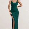 Kate | Bottle Green Square Neck Maxi Dress With Plunge Back And Side Thigh Split -Dress Shop WB AMEND CC BR CL127639 KateBottleGreenSquareNeckMaxiDresswithPlungeBackandSideThighSplit1